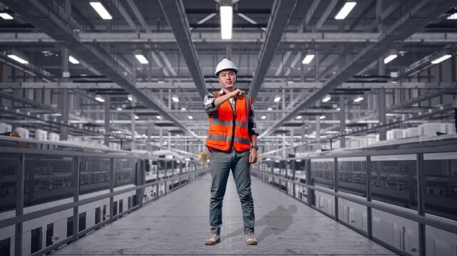 Full Body Of Asian Male Engineer With Safety Helmet Smiling And Touching His Chest Then Pointing At You While Standing at Solar Panel Manufacturing Factory with Automated Robotic Assembly Line