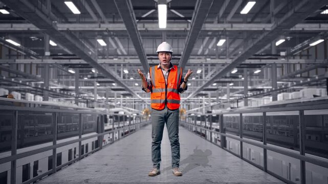 Full Body Of Wondering Asian Male Engineer With Safety Helmet Saying Why Working Doubtfully at Solar Panel Manufacturing Factory with Automated Robotic Assembly Line