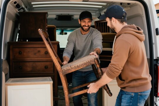 Two men smiling as they load antique furniture into a delivery van. They work together to carefully move a wooden chair and dresser. This scene shows teamwork and a job well done.