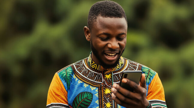 Young African man smiles while holding smartphone. He wears vibrant traditional clothing outdoors. Person connects with tech, enjoys communication and digital world.