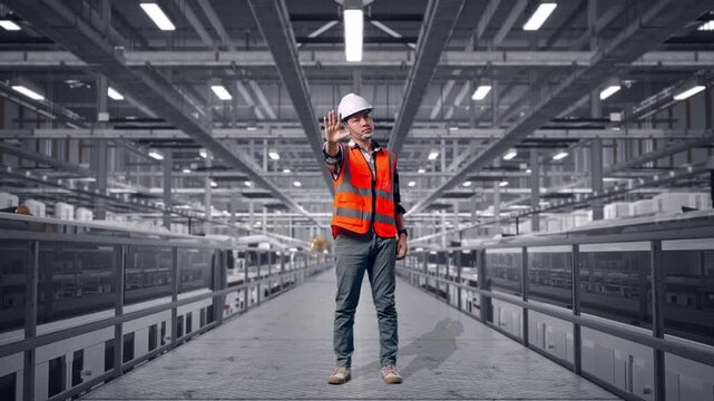 Full Body Of Asian Male Engineer With Safety Helmet Disapproving With No Hand Sign While Standing at Solar Panel Manufacturing Factory with Automated Robotic Assembly Line