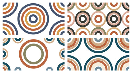 Fototapeta premium Collection of four distinct seamless patterns showcasing stylized concentric circles and semicircles in a warm, retro-inspired color palette, ideal for diverse design projects and backgrounds