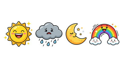 Fototapeta premium Cute Kawaii Weather Icons Featuring A Happy Sun Sad Rain Cloud Sleeping Moon And Cheerful Rainbow Elements For Kids Design Projects