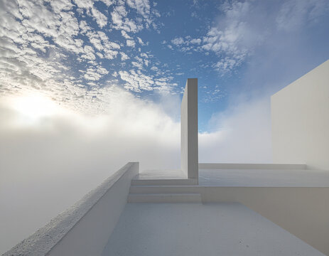 white staircase fading into thick fog representing uncertainty, ambition and new possibilities