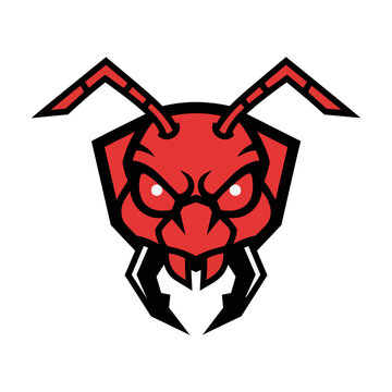 A stylized ant head mascot with sharp geometric mandibles and an aggressive symmetrical design in bold red and black solid colors, isolated on white. Powerful mascot concept