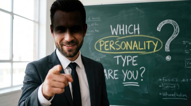 Smiling businessman points at you in front of a chalkboard with personality type question