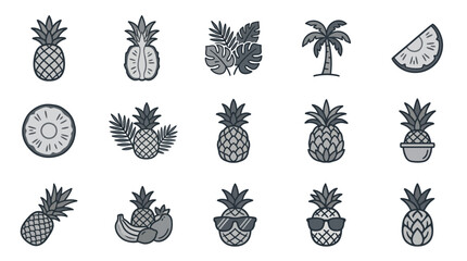 Fototapeta premium Black pineapple and tropical leaf icons.