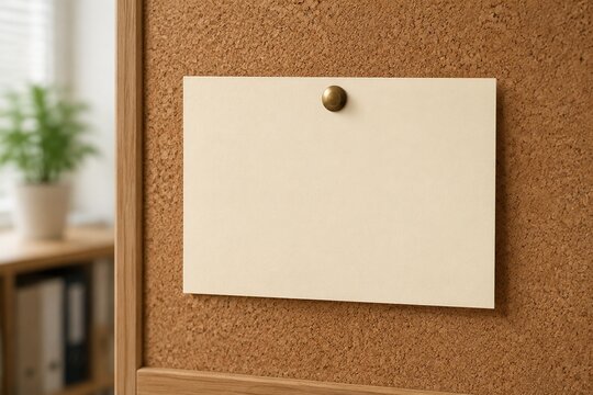 Blank cream notecard pinned to corkboard with brass tack, illuminated by soft diffused office light.