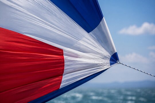 Close-up of taut spinnaker sail fabric bulging under strong wind.