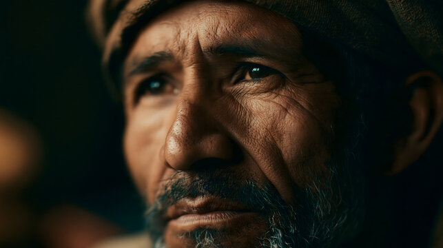 A Man's Wisdom: A close-up portrait captures the weathered face and thoughtful gaze of an elderly man, his eyes reflecting a lifetime of experiences and stories.