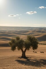 Fototapeta premium A mature tree with gnarled trunks and dense foliage stands sentinel over a vast arid plain where four Merino sheep graze on dry grass under warm golden hour light.