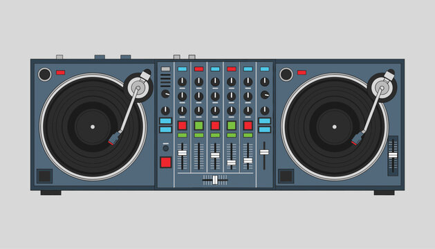 Professional digital DJ mixing console featuring dual turntables and multiple knobs on a grey background.