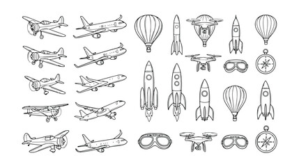 Vintage and Modern Aviation Vector Icon Set, Hand-Drawn Aircraft, Hot Air Balloons, Rockets, Drones, and Compasses, Transportation and Exploration Graphics Collection © Haseeb's Work