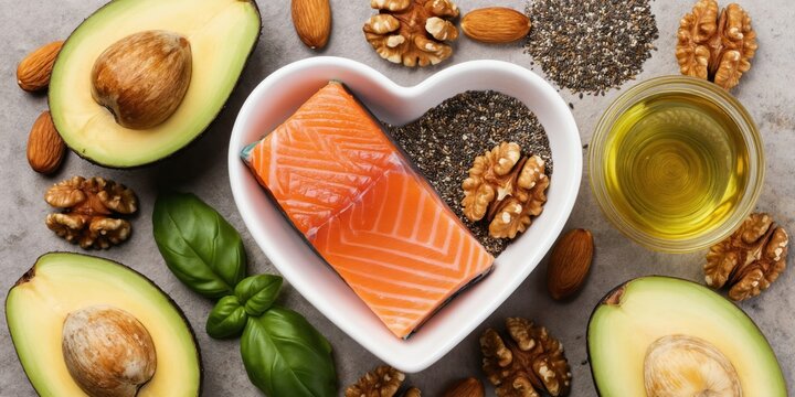 Salmon fillet with avocado nuts and chia seeds arranged around heart shaped bowl. Fresh ingredients for healthy meal preparation with good fats and protein. Omega 3 rich fish for diet.