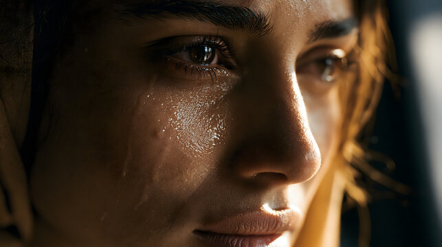 Tearful Gaze: A close-up shot captures a woman's sorrowful expression as tears stream down her face, conveying deep sadness and emotional vulnerability.