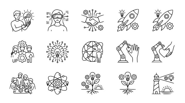 Innovation Icons: Idea Generation, Technology, Teamwork, and Future Growth