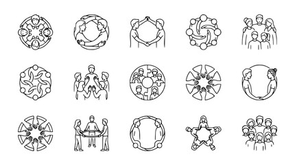 Fototapeta premium Teamwork Icons: Diverse Group of People in Circles, Hexagons, and Star Shapes