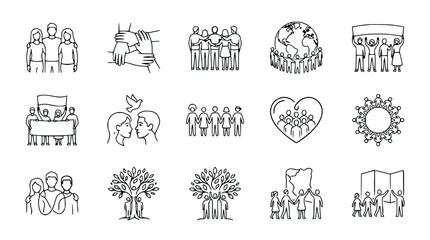 Obraz premium Diversity and Unity Icons: People, Globe, Love, Tree of Life, Protest