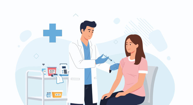 Vaccination Illustration: Healthcare Professional Administering Injection At Clinic For Immunization