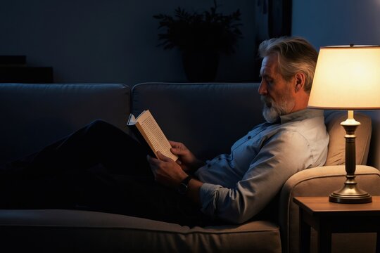 Bearded senior man reads book by lamp on couch in dark room. Older gentleman relaxes on sofa at night, enjoying literature before sleep. Peaceful evening at home.
