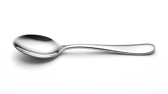 A shiny silver spoon lies on a white surface.