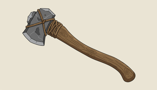 Ancient prehistoric stone axe weapon hand-bound with rope to a wooden handle on a clean light background.