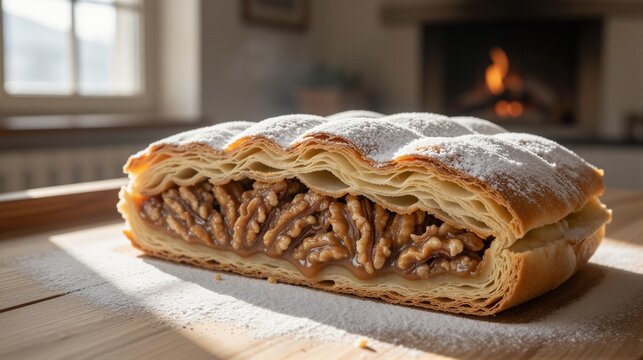 A warm slice of layered walnut strudel from Graub&uuml;nden's traditional Engadine Nut Cake Nusstorte recipe, perfect for a cozy Alpine afternoon.