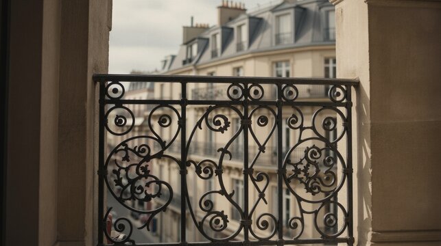 Ornate wrought iron balcony railing adorns a Haussmannian facade in an urban European setting.