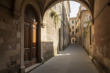 Fototapeta premium A sunlit stone alleyway in a historic European city, framed by large archways and flanked by buildings with weathered masonry.