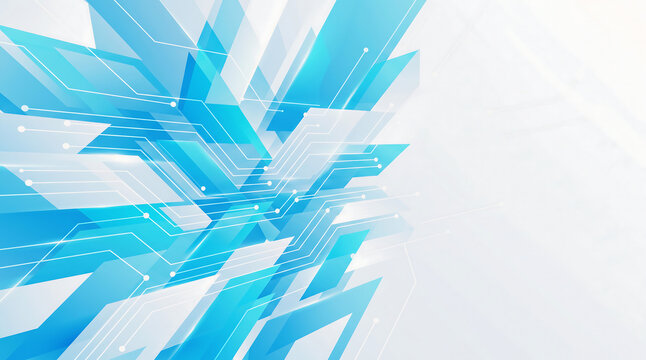 Abstract blue geometric shapes on a white background, representing futuristic technology and digital innovation