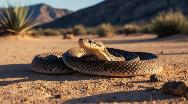 Coiled diamondback rattlesnake rests on desert sand. Its scales show intricate patterns. Sunlight warms the arid landscape with sparse vegetation and distant hills.