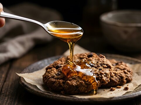 Close-up of golden honey being drizzled onto healthy oatmeal cookies