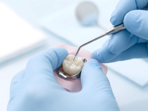 Dentist examining dental model with metal tool during clinical examination