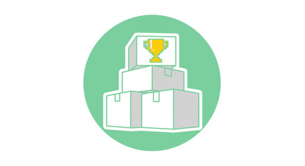 Fototapeta premium Golden trophy on stacked boxes icon, symbolizing premium product quality, top-tier achievement, success, and reward in e-commerce or business.