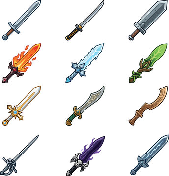 Fantasy RPG Magic Elemental Sword Weapon Asset Collection Cartoon Vector Illustration