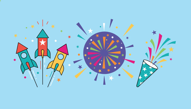 Colorful festive celebration set containing rocket fireworks burst explosion and party popper on blue background.