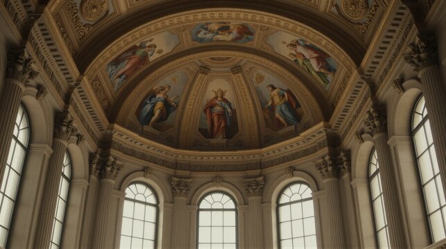 The grand interior of the Basilica of St. John Lateran in Rome features a stunning coffered ceiling with ornate frescoes and Corinthian columns.