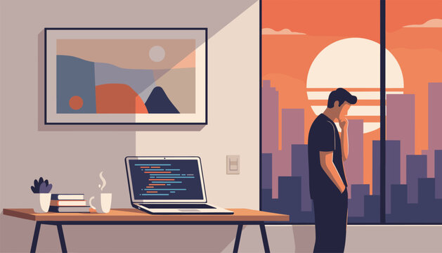 Pensive programmer looking out the office window at a beautiful city sunset, with a laptop showing code on the desk.
