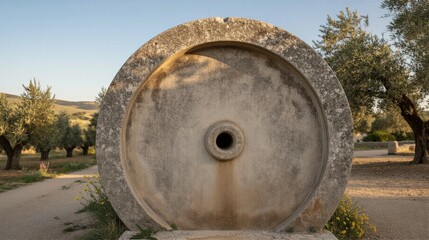 Fototapeta premium A weathered Roman millstone stands upright on a stone base in a sun-drenched Mediterranean landscape of ancient olive groves and worn dirt paths.