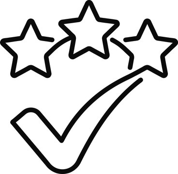 Minimalist outline icon of a checkmark combined with three stars for quality assurance.