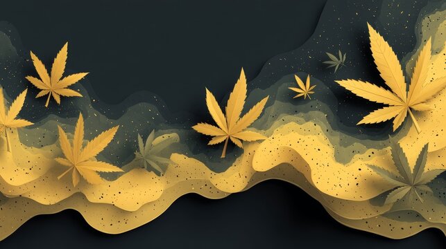 Minimal cannabis-inspired abstract background with matte black base and golden-yellow leaf silhouettes, terpene fluid shapes, high-contrast clean layout for social media carousel slides.