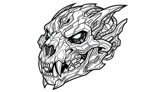 Dragon head, fantasy creature, black and white illustration, monster face
