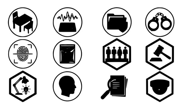 Justice Flat Icon Vector Set Modern Interrogation Room and Polygraph Lie Detector Graphic Elements