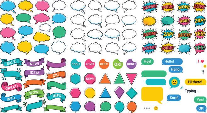 Collection Of Colorful Speech Bubbles Ribbons And Geometric Shapes Vector Illustration