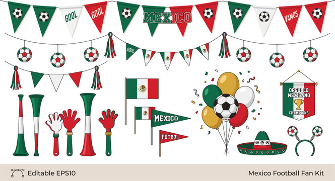 Mexico football fan kit vector illustration with flags horns and balloons