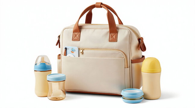 Stylish cream diaper bag with leather handles holds baby essentials. Includes bottles and containers for food. Modern design, organized parent accessory for travel and daily needs. Convenient for mom.
