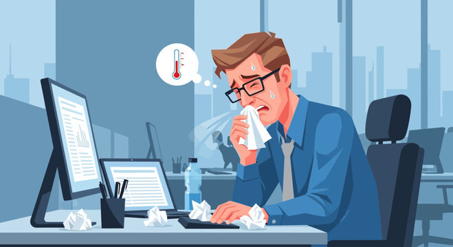 Unwell Office Worker Suffering with Illness and High Fever, Feeling Debilitated at Work