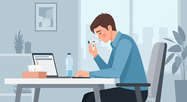 Unwell Office Worker Taking Temperature Due To Possible Sickness Or Flu Symptoms