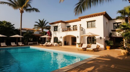 Fototapeta premium White villa with pool and palm trees in tropical setting. Outdoor lounge chairs and umbrellas by blue water. Sunny day at luxury resort destination.