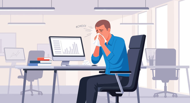 Unwell Office Worker Sneezing at His Desk and Spreading Germs to Colleagues
